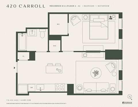 Floor plan for 1 bed, 1 bath, 617 sqft